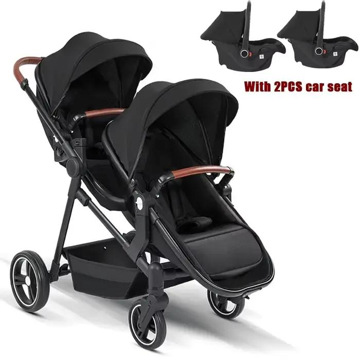 Poussette double neuve avec 2 sièges auto, poussette double multifonctionnelle légère et portable 3