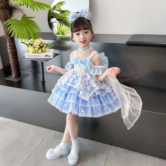 Robe d'été en dentelle pour petites filles, avec nœud bleu, brillante, princesse, robe de bal, gâtea