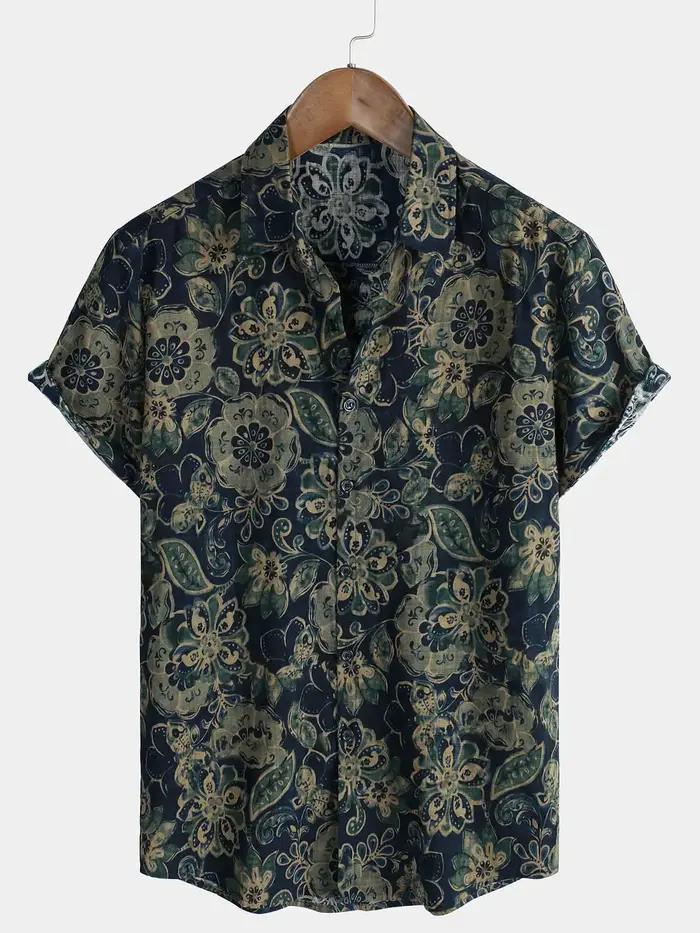 Chemise à manches courtes à imprimé floral rétro pour hommes chemise décontractée à revers simple bo