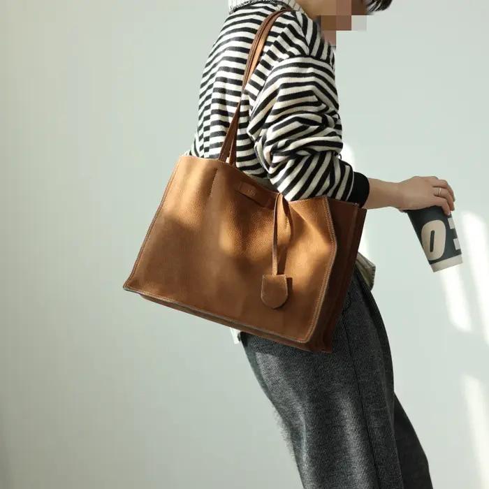 Fourre-tout rétro en cuir véritable pour femmes, sac à bandoulière souple de grande capacité adapté