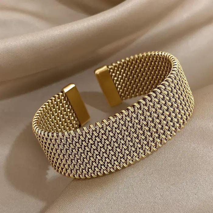 Bracelets manchette doré tissés Vintage pour femmes, élégants, tendance, en acier inoxydable, épais,