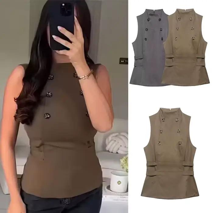 Gilet décontracté pour femme, bicolore, à double boutonnage, col montant, sans manches, cintré à la