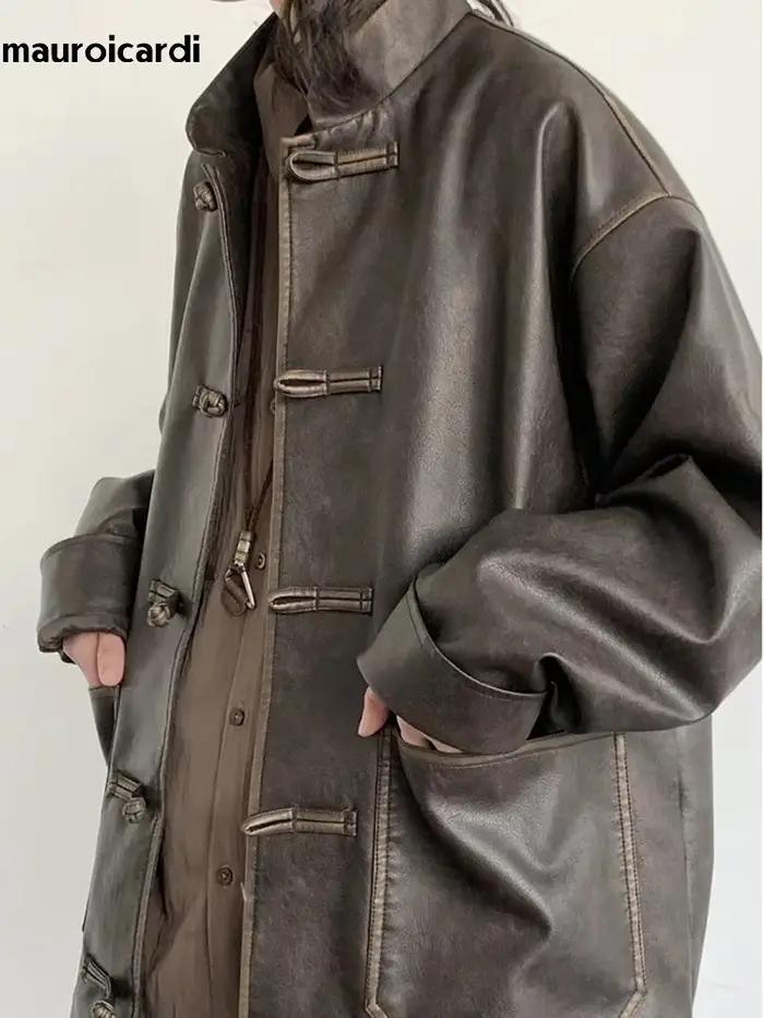 Mauroicardi-Veste en cuir PU vintage pour homme, design de luxe élégant, vêtements de style chinois,