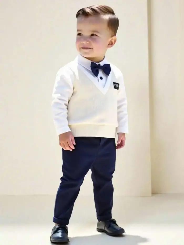 Tenue formelle 2 pièces pour bébé garçon : pull en tricot à col en V avec nœud papillon + pantalon à