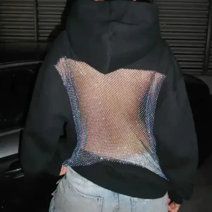 Sweat à capuche en maille creuse pour femmes, dos nu, manches longues, couleur unie, haut décontract