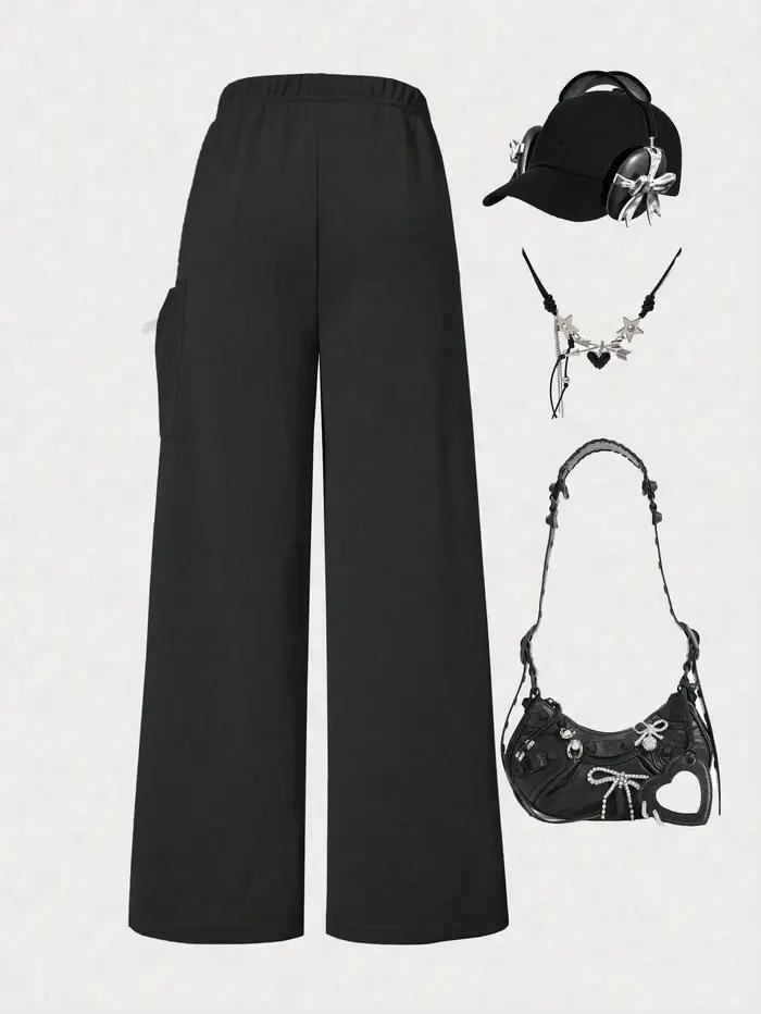 Pantalons décontractés à la mode pour filles, pantalons amples à jambes droites avec un design de po