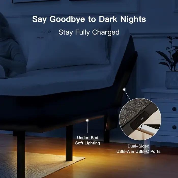 Cadre de lit Queen réglable avec massage, sommier électrique avec inclinaison tête et pied, ports US