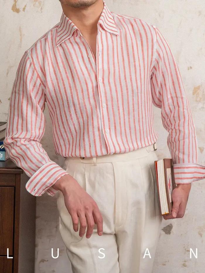 Chemise d'été 100 lin à manches longues et col une pièce rayé, légère et respirante, chemise d'extér