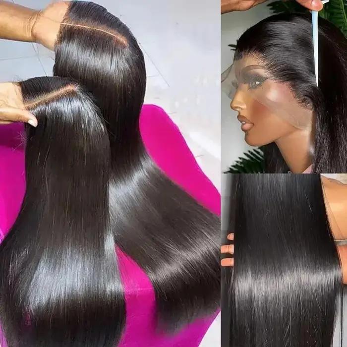 Perruques Lace Front 13x6 en Cheveux Humains Lisses Effet Os, Densité 200%, Pré-épilées, Transparent