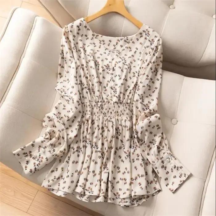 Chemise à col en V à boutons perlés pour femmes, chemise florale rétro, tunique, chemisiers à manche