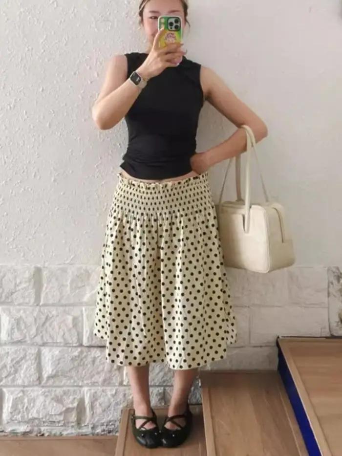 Français doux nouveau Design jupes à pois femmes rétro ample droite minceur jupe mi-longue femme jol