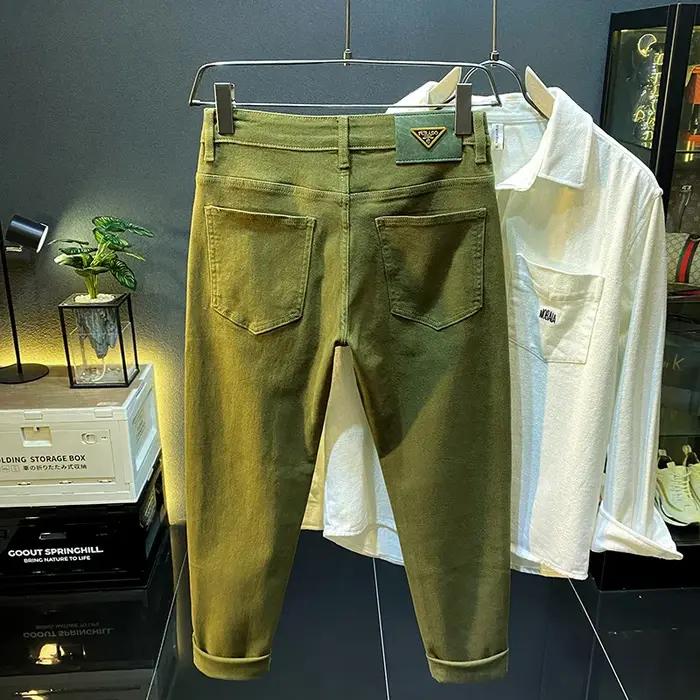 Jean vert rétro haut de gamme pour homme, coupe slim, pantalon long, denim décontracté, extensible,