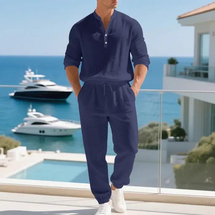 Ensemble américain en lin ample pour hommes, chemise hawaïenne fine Henry, pantalon à manches longue