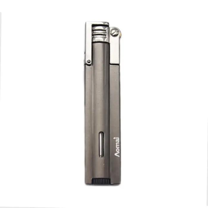 Briquet métallique à gaz rechargeable, couvercle ouvert personnalisé, longue meule, feu fixe, poinçon droit, différents styles