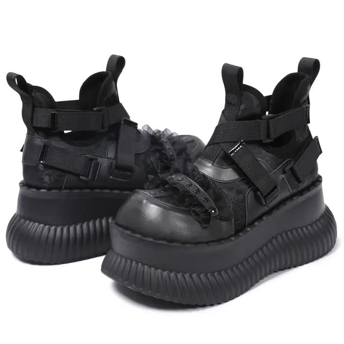 Chaussures à fond épais et haut pour femmes, Style foncé, Niche Mary Jane en dentelle croisée, douce
