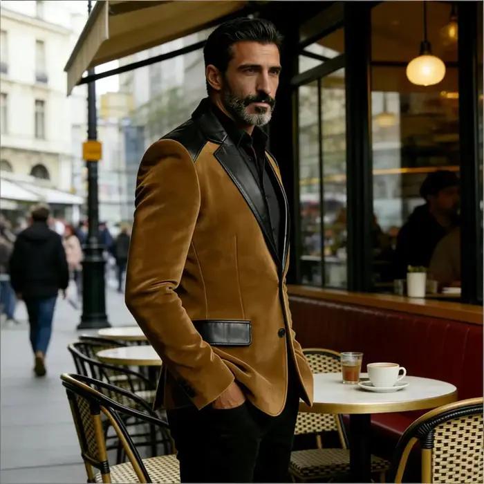 Blazer en velours camel pour homme avec patchwork en cuir, coupe ajustée, veste de smoking formelle