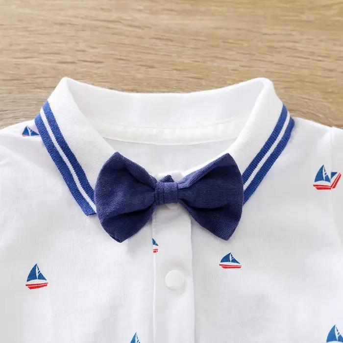 Ensemble été bébé coton imprimé voilier body manches courtes pantalon bretelles 2 pièces