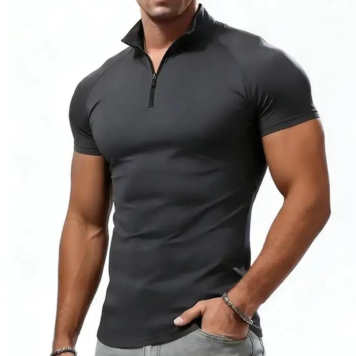 T-shirt de compression pour homme, col zippé, été, hauts décontractés, fitness, gym, coupe ajustée,