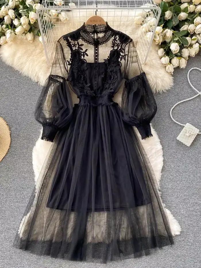 Robe tridimensionnelle pour femmes, crochet à fleurs, maille, tempérament, col montant, manches lant