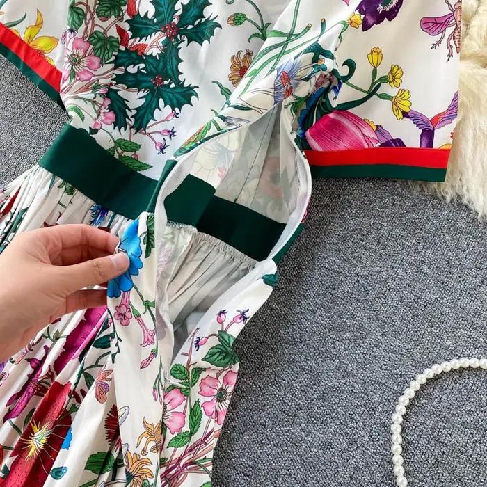 Robe Midi plissée à manches courtes pour femmes, chemise à col superposé, imprimé floral, Slim, tenu