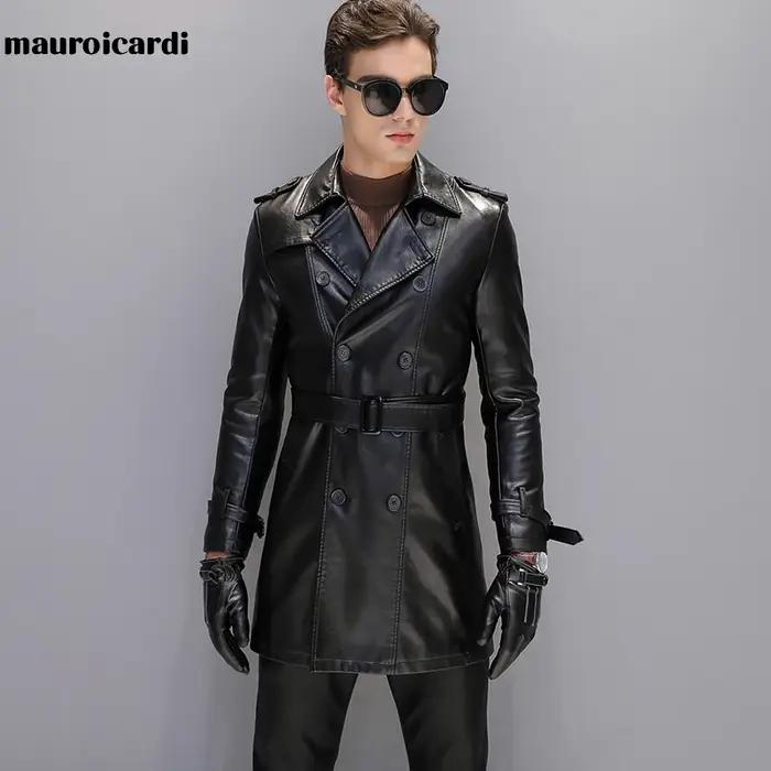 Mauroicardi automne noir Faux cuir Trench manteau hommes à manches longues ceinture Double boutonnag