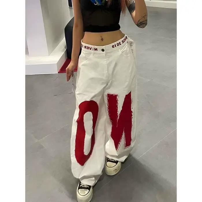 ZHIZOU femmes blanc lettre imprimer Y2k Baggy jean 2000s Style Denim pantalon Harajuku Vintage surdi