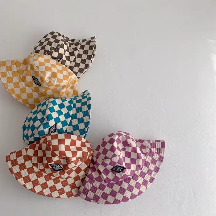 Chapeau seau à motif damier pour enfants, mignon, à carreaux, pour bébés garçons et filles, chapeau