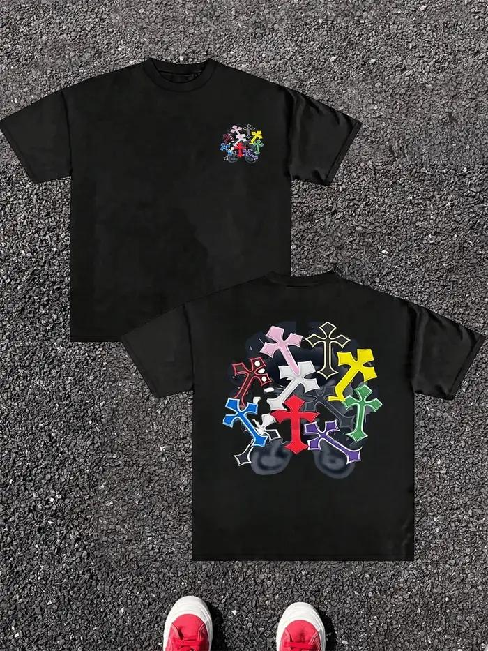 T-shirt pour homme en pur coton, impression numérique double face avec croix colorées, graphique uni