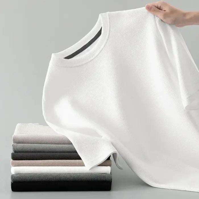 1 pièces hommes T-Shirt d'été homme à manches courtes gaufré solide T-Shirt mâle couleur unie T-Shir