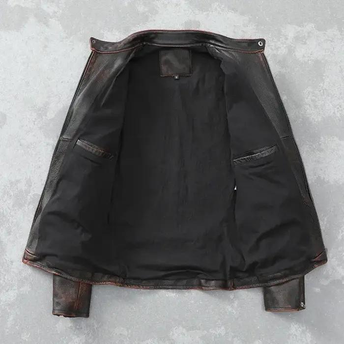 Blouson en cuir homme, court et slim, vintage, rouge, marron, automne