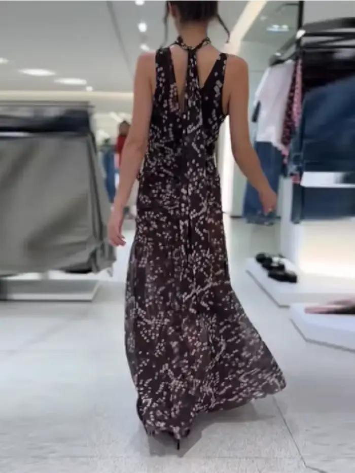 Robe longue maxi tendance pour femme à pois en maille, col en V profond chic, sans manches, transpar