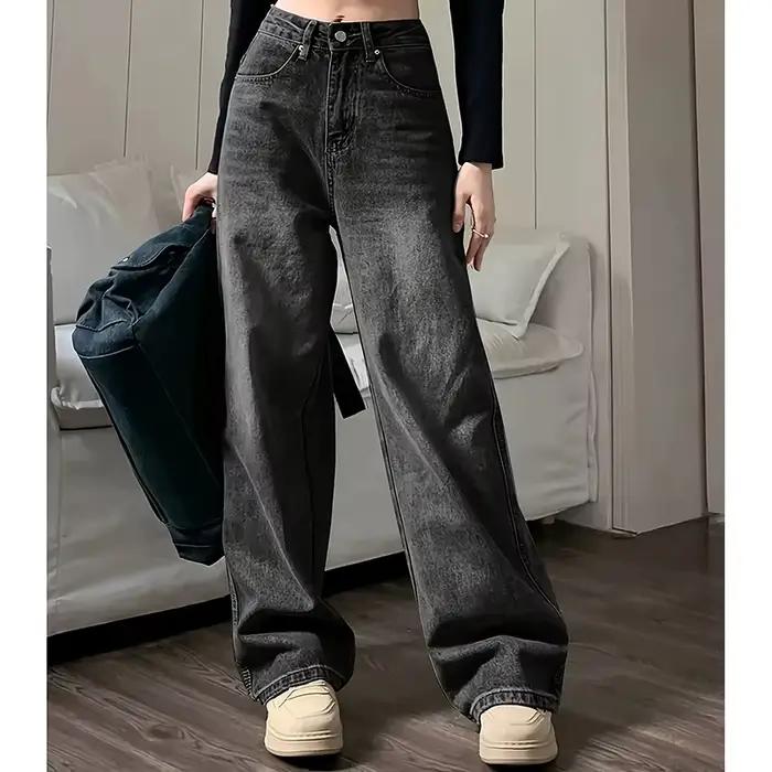 Jean taille haute pour femme, streetwear, designer, jambe large, gris classique, gothique, pantalon