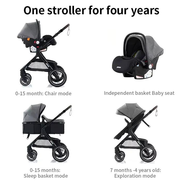 Poussette 3 en 1 pour bébé avec siège auto et panier de couchage, poussette légère pour nourrissons,