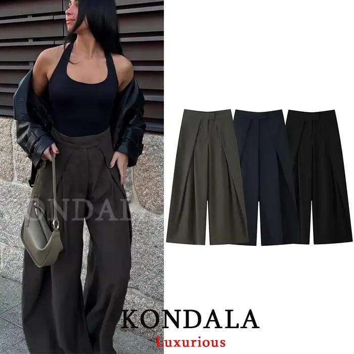 KONDALA décontracté Chic pantalon à jambes larges femmes bureau dame poches plissé pantalons longs m