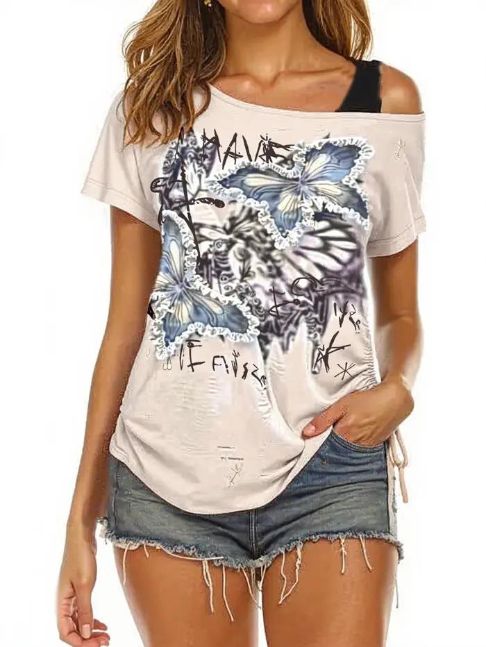 Vintage Y2k été épaules dénudées surdimensionné graphique t-shirt femmes 2000s Chic à manches courte