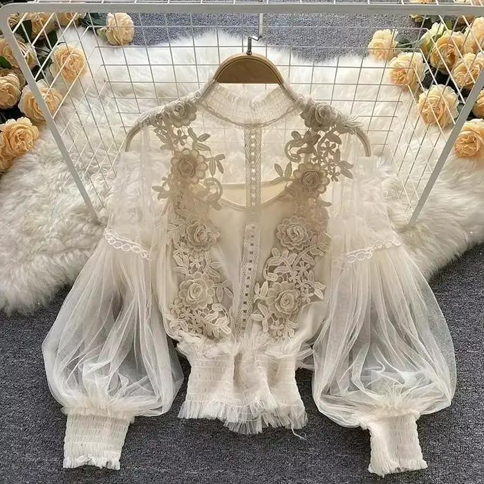 Dentelle bouffée à manches longues Blouse Vintage mode Blouses élégant Femme Blusas coréen Femme hau