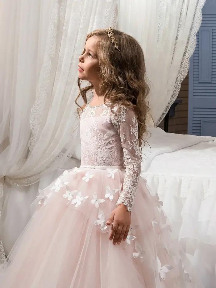 Robe de mariée élégante et ravissante pour fille de fleur, robe de bal en dentelle à manches longues