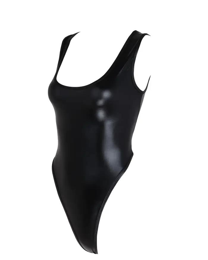 Femmes brillant métallique en cuir verni coupe haute dos nu justaucorps gymnastique body une pièce m