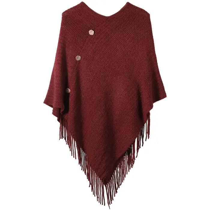 Châle à pampilles pour femmes avec faux boutons, couleur unie, adapté aux vêtements de déplacement à