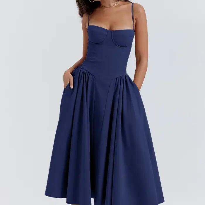 Robe mi-longue plissée dos nu pour femme, élégante, sexy, solide, fronde, soirée, robes trapèze, été