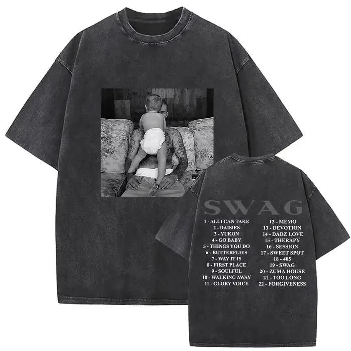 T-shirts vintage délavés Justin Bieber SWAG Album 2026 pour hommes, style streetwear hip-hop, manche
