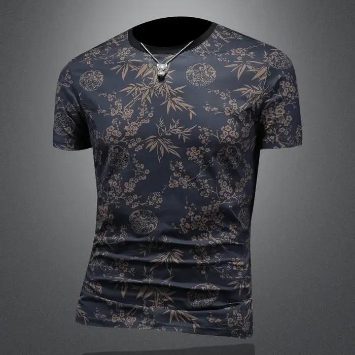 T-shirt d'été en soie glacée à col rond pour homme, manches courtes, décontracté, mode slim, streetw