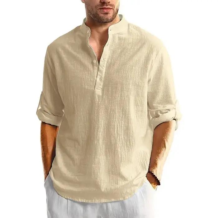 Nouveaux hommes lin coton t-shirts à manches longues boutonné chemises Henley plage chemises hawaïen