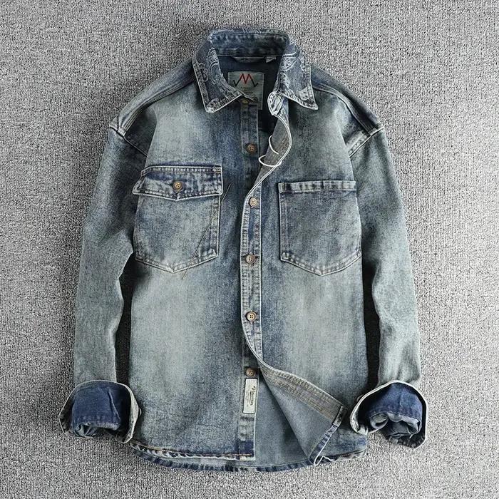 Manteau en denim rétro américain à manches longues pour hommes, revers, pur coton, lavé, vieux, mult