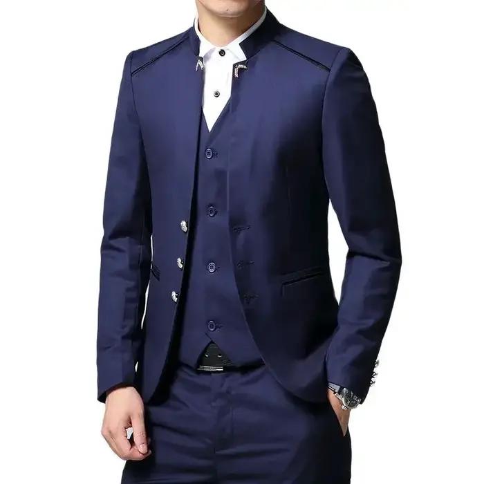 3 pièces noires à col montant pour hommes, veste blazer et gilet pour fête de mariage avec pantalon,