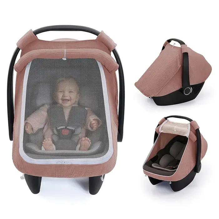 Housse de siège auto pour bébé en coton mousseline respirant avec grande fenêtre en maille, auvent d