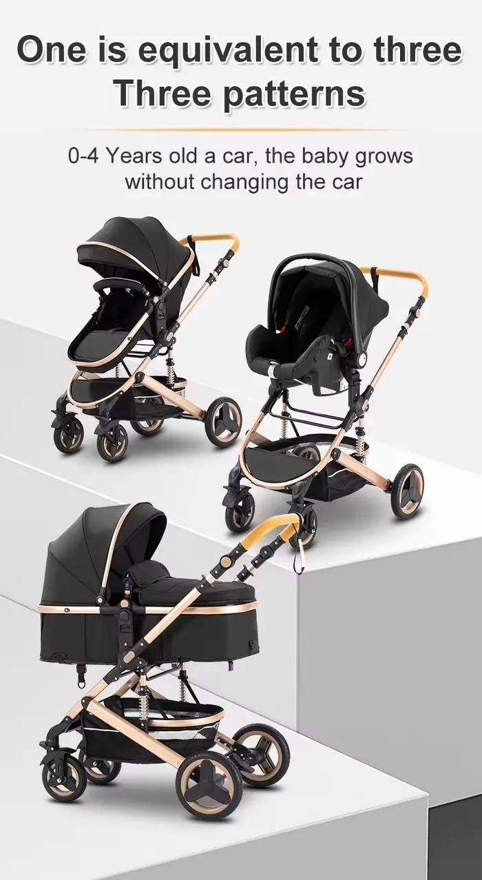 Poussette Bébé Luxe 3-en-1 Portable, Landau de Voyage Pliant, Cadre en Aluminium, Siège Élevé pour N