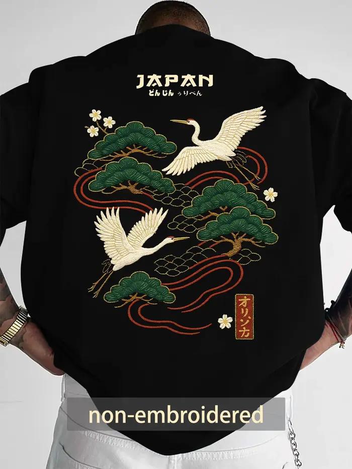 T-shirt pour homme de style japonais, imprimé grue, col rond, manches courtes, en polyester, avec dé