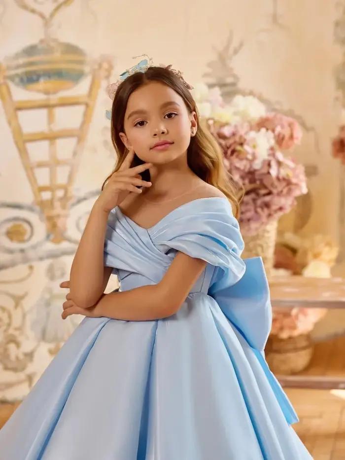 Robe longue de princesse en satin bleu clair pour enfants, tenue de fête d'anniversaire, épaules dén