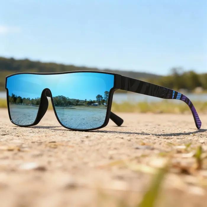 Lunettes de soleil de sport carrées colorées – Lentille une pièce avec branches à motifs, confort un